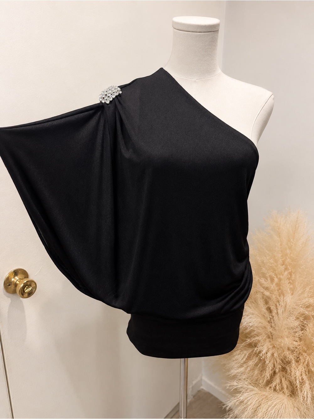 One-Shoulder Black Draped Top with Rhinestone Shoulder Accent